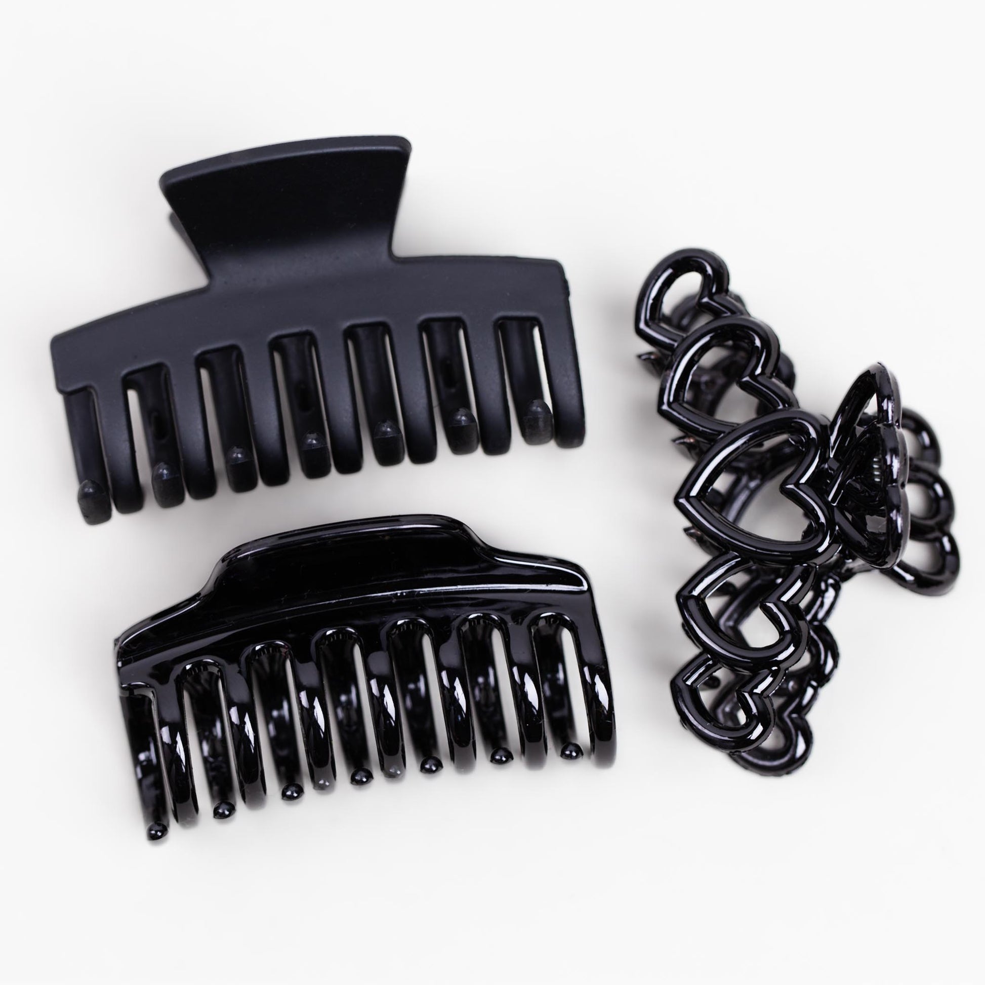Clame de păr medii cu forme simple, inimi și texturi mixte, set 3 buc - Negru