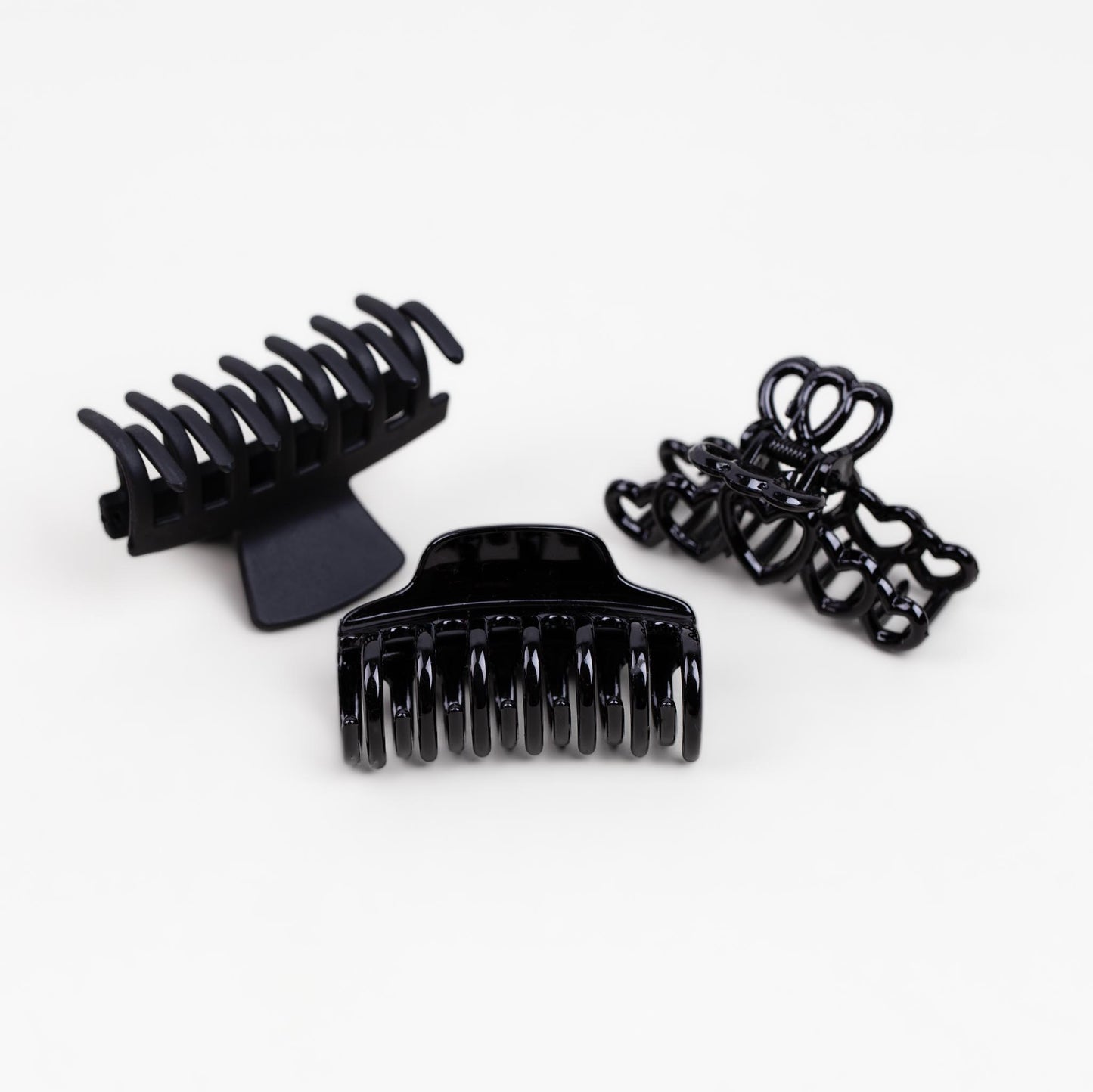 Clame de păr medii cu forme simple, inimi și texturi mixte, set 3 buc - Negru