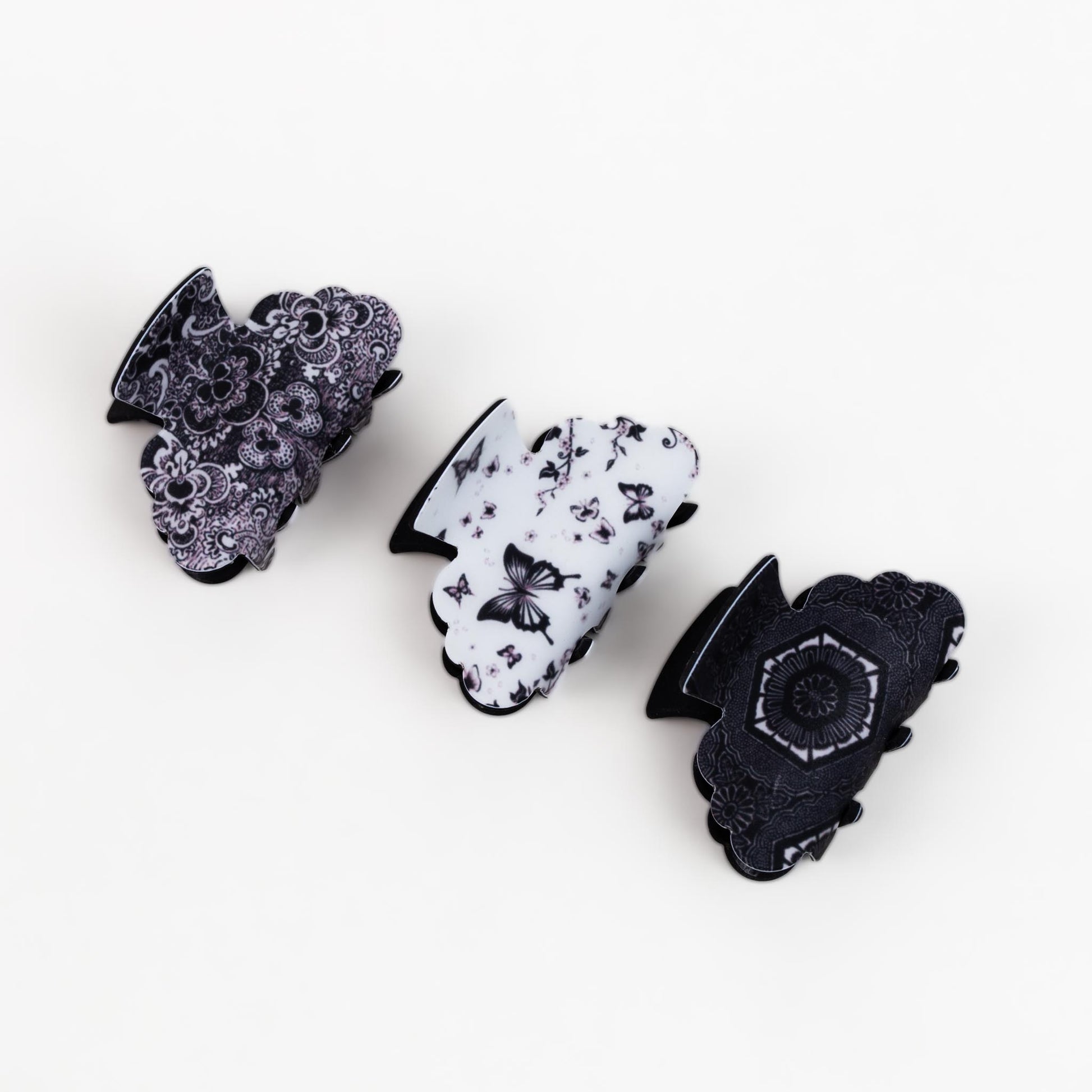 Clame de păr medii, imprimeu forme diverse cu textură de silicon, set 3 buc - Negru, Alb