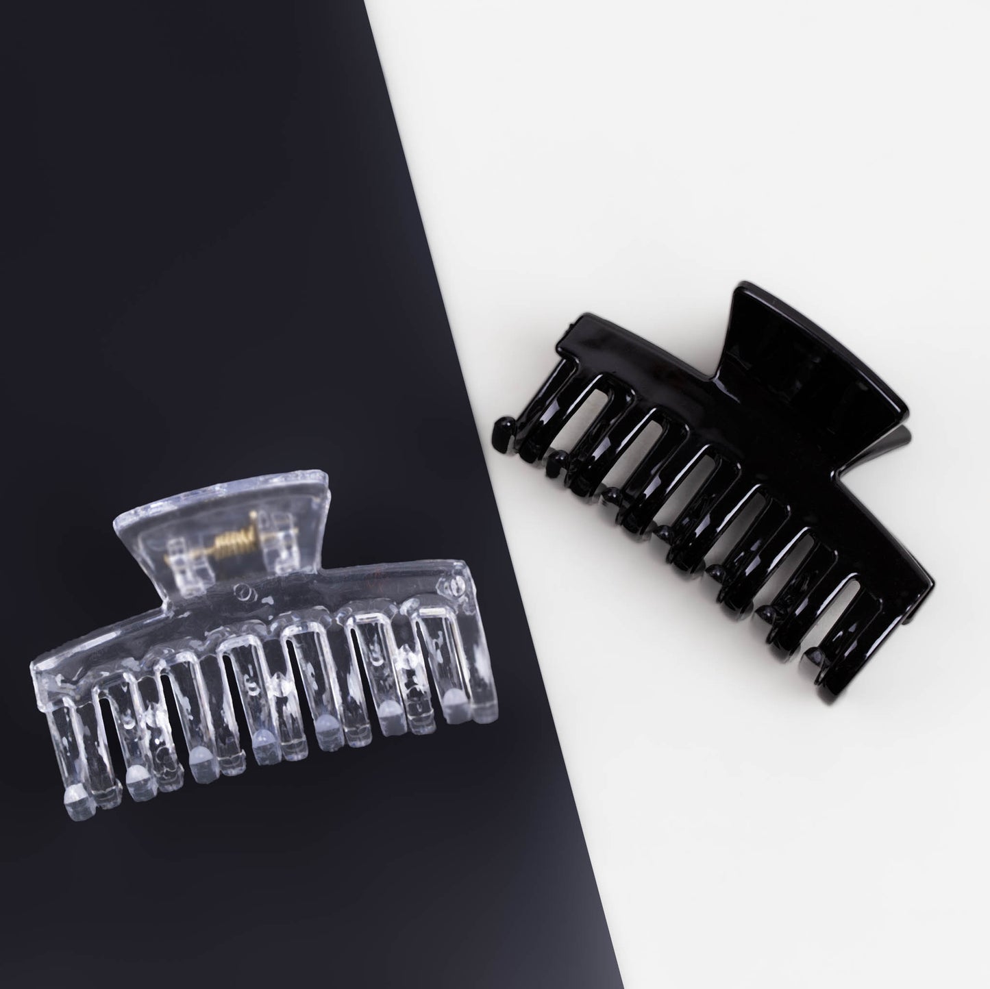 Clame de păr medii simple cu textură lucioasă, set 2 buc - Negru, Transparent