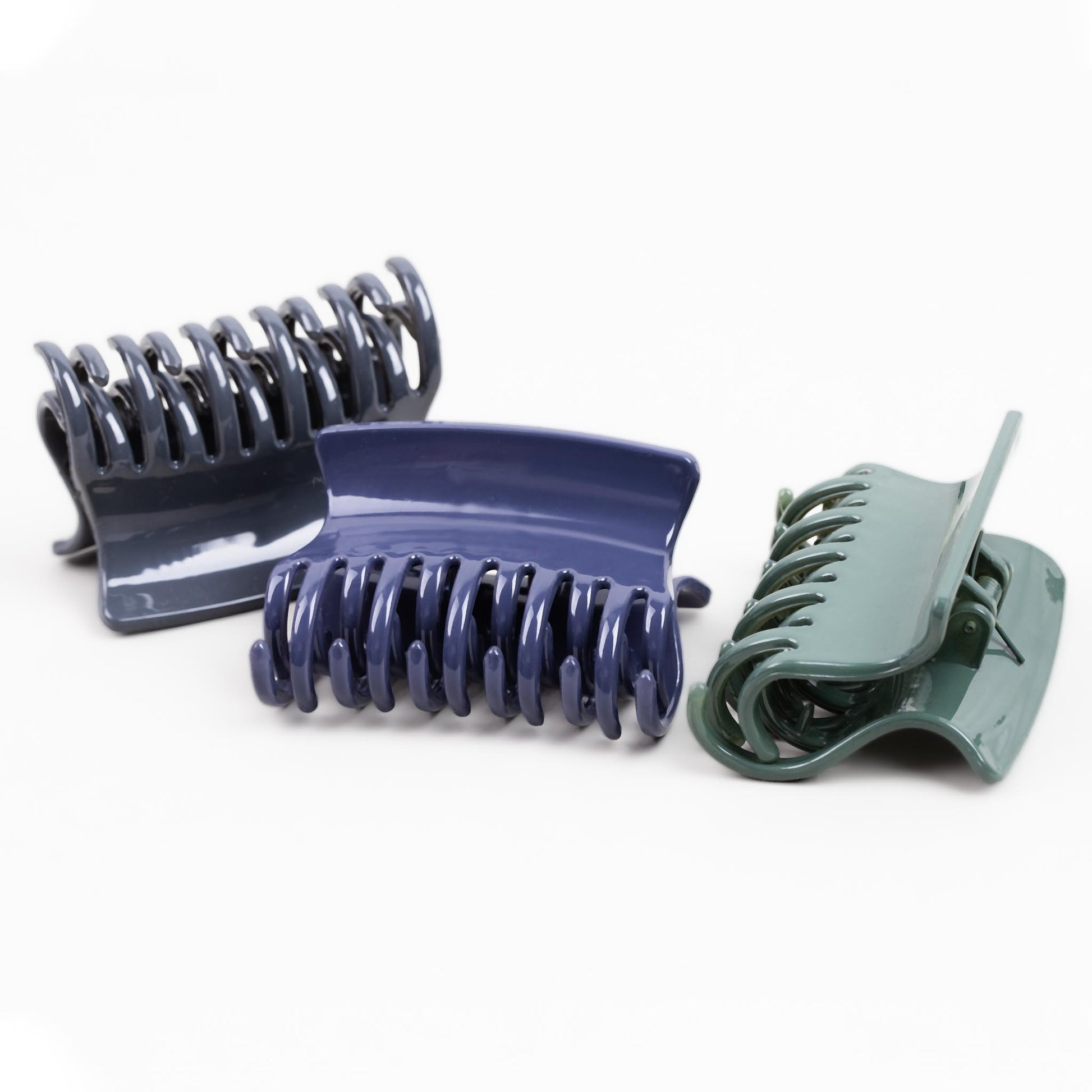 Clame de păr medii simple cu textură lucioasă, set 3 buc - Albastru, Verde, Gri