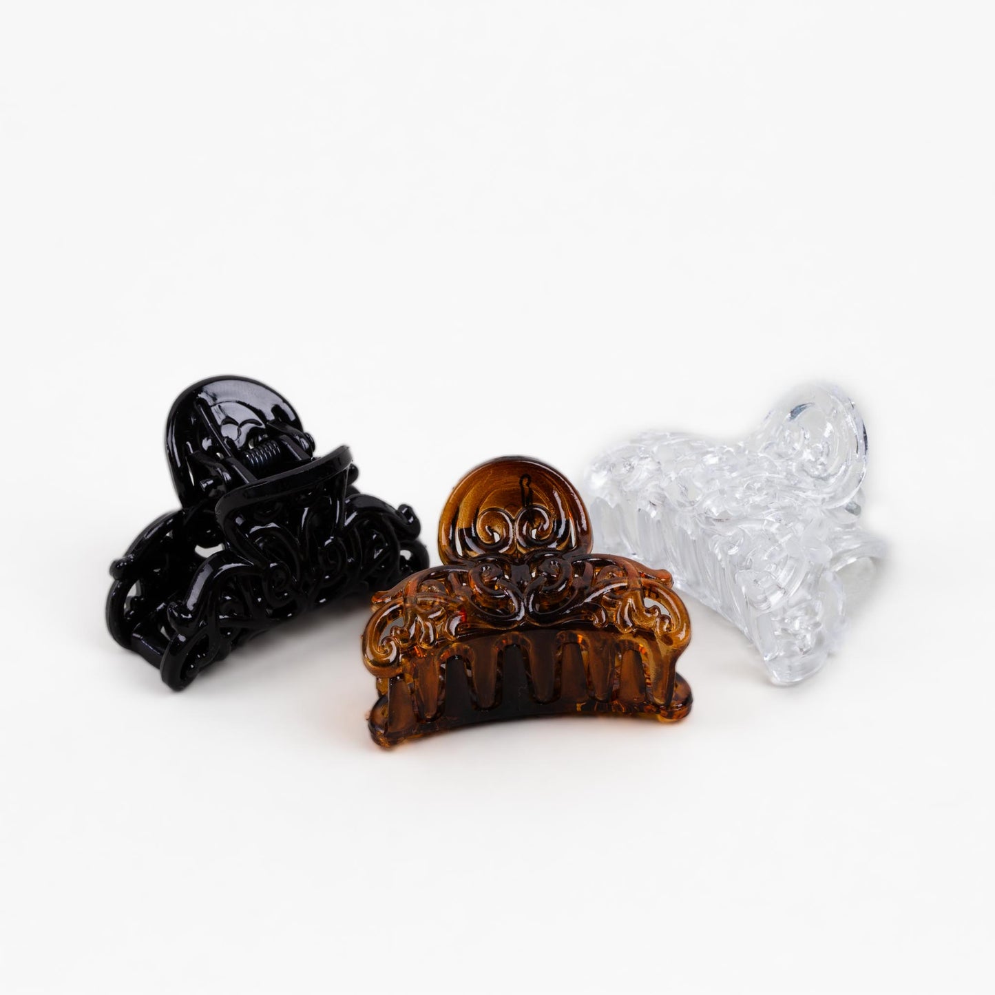 Clame de păr mici cu formă vintage și textură lucioasă, set 3 buc - Maro, Transparent, Negru