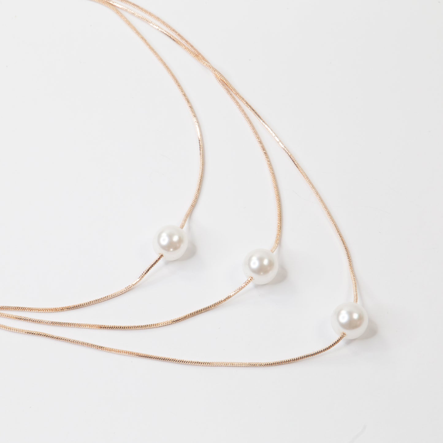 Colier cu lanț triplu și cu perle, Rază De Perle - Rose Gold