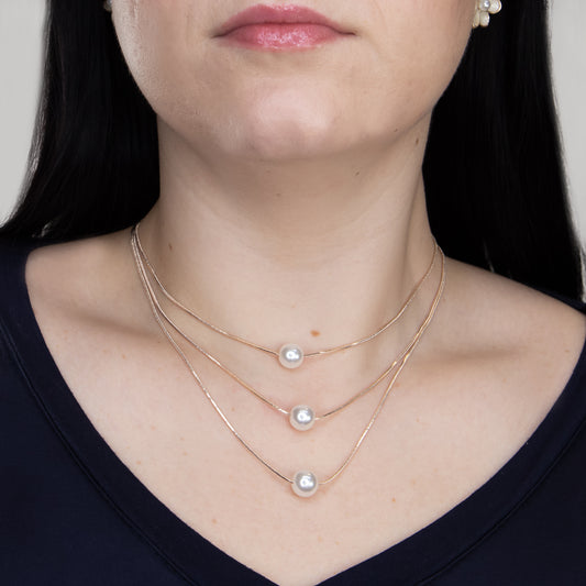 Colier cu lanț triplu și cu perle, Rază De Perle - Rose Gold