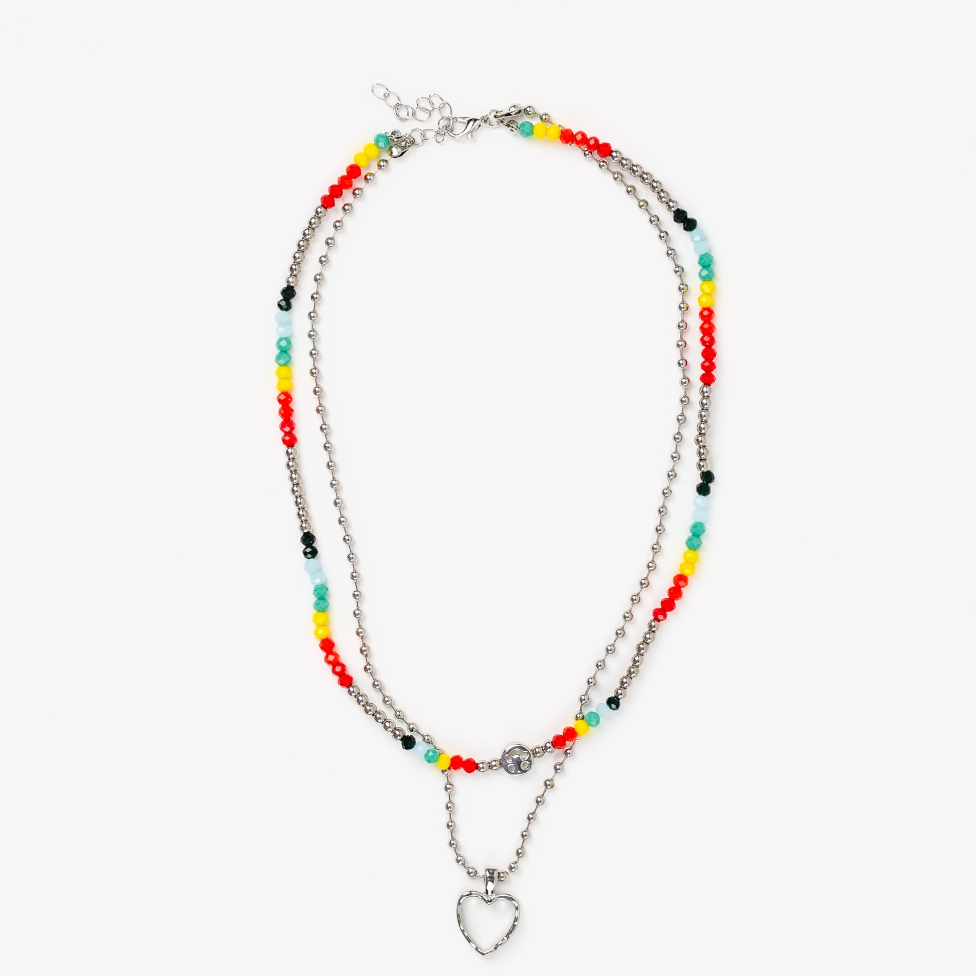 Colier dublu cu mărgele multicolor și pandantiv în formă de inimă - Multicolor, Argintiu