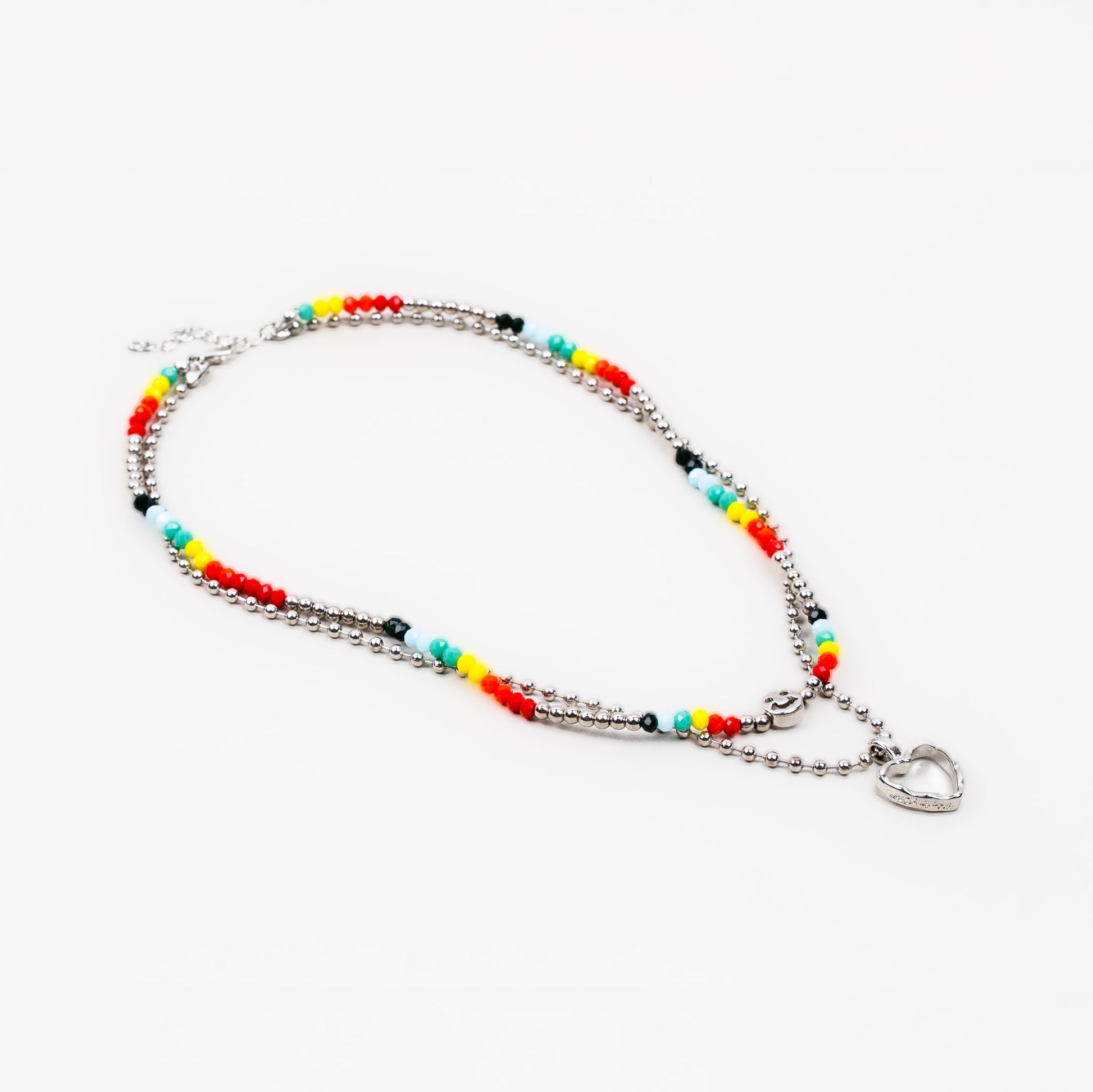 Colier dublu cu mărgele multicolor și pandantiv în formă de inimă - Multicolor, Argintiu