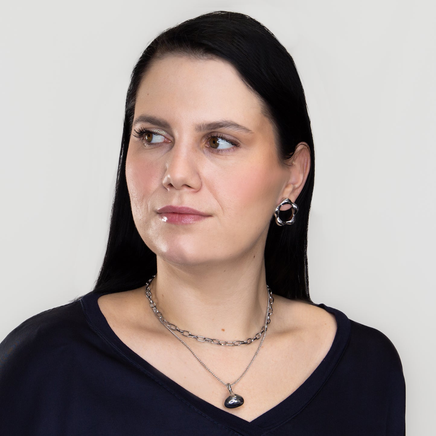 Colier dublu la baza gâtului cu zale și pandativ, Eclat Dublu - Argintiu