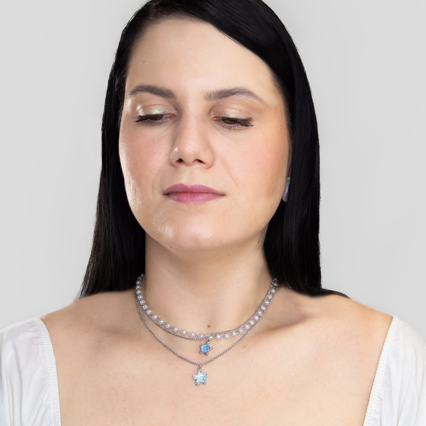 Colier la baza gâtului cu lanț, perle și steluțe, Astral Charm - Argintiu