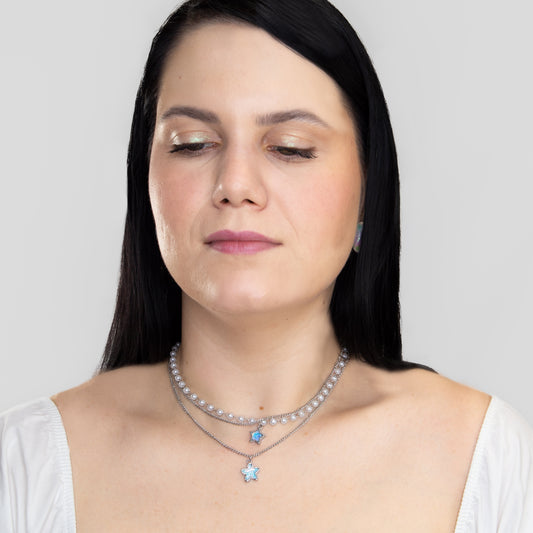 Colier la baza gâtului cu lanț, perle și steluțe, Astral Charm - Argintiu