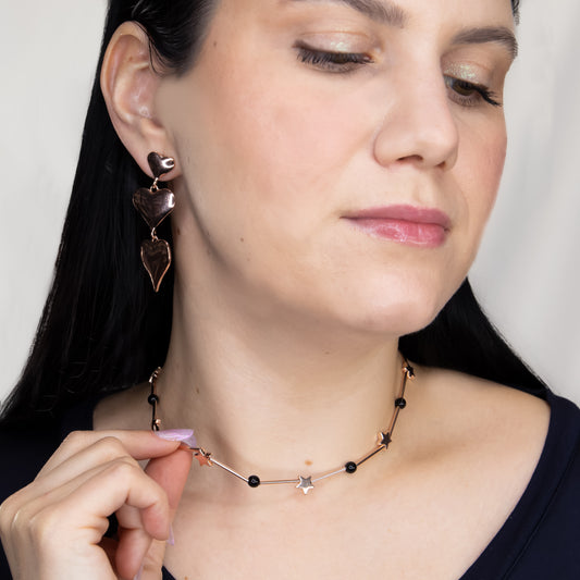 Colier subtil cu steluțe și perle negre, Aurora Star - Rose Gold