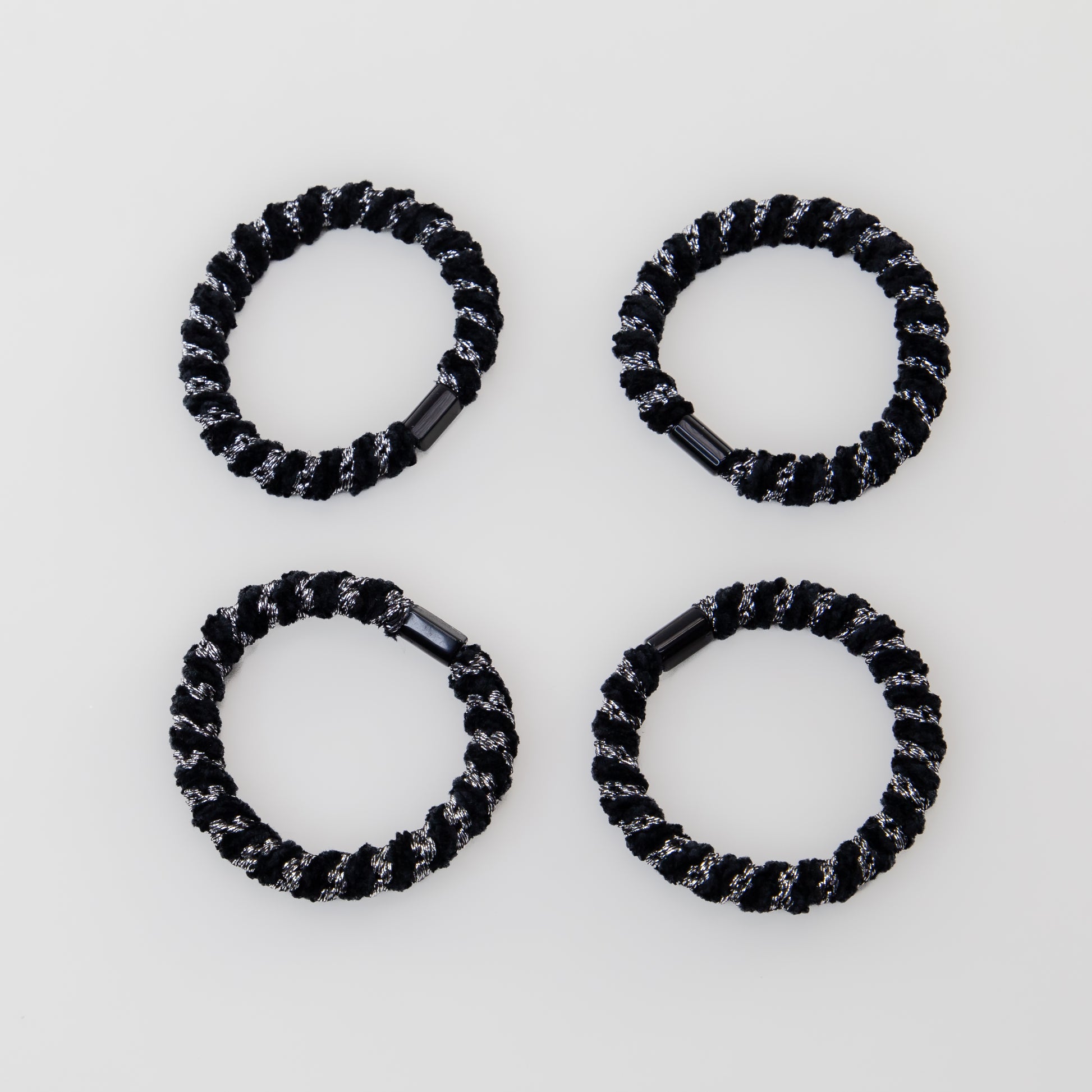 Elastice de păr cu textură răsucită, grosime 1 cm, set 4 buc - Negru & Argintiu