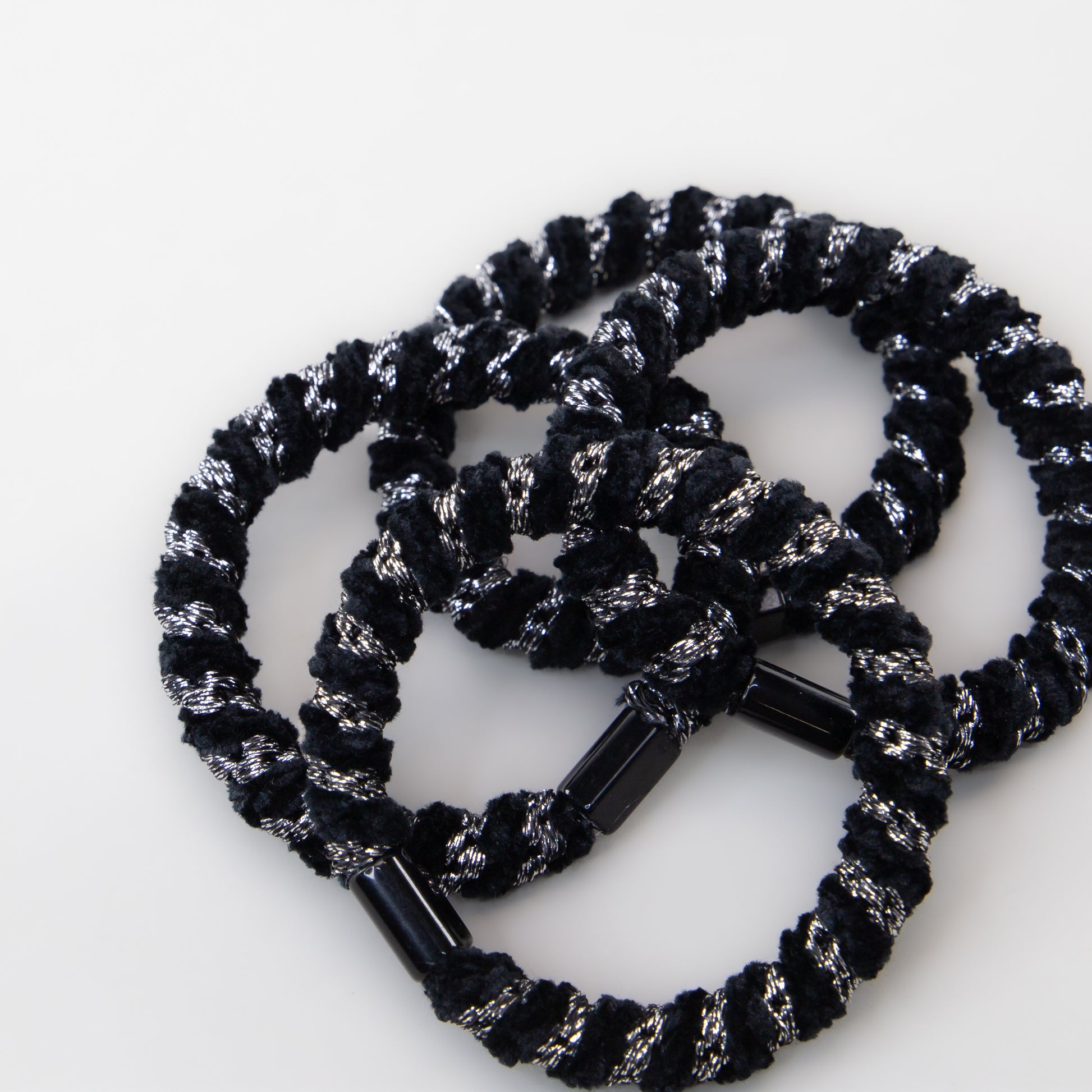 Elastice de păr cu textură răsucită, grosime 1 cm, set 4 buc - Negru & Argintiu