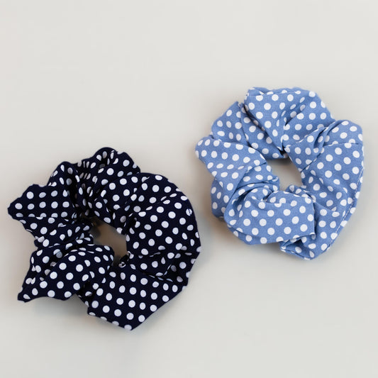 Elastice de păr tip scrunchie cu buline, grosime 4,5 cm, set 2 buc - Albastru