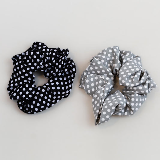 Elastice de păr tip scrunchie cu buline, grosime 4,5 cm, set 2 buc - Negru, Gri