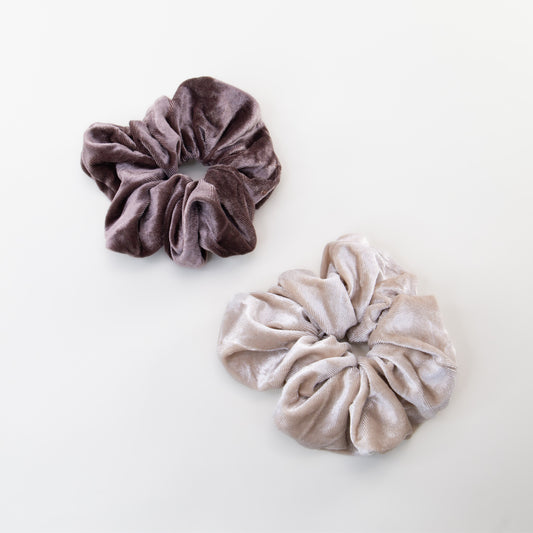 Elastice de păr tip scrunchie cu textură catifelată, grosime 5 cm, set 2 buc - Maro, Bej
