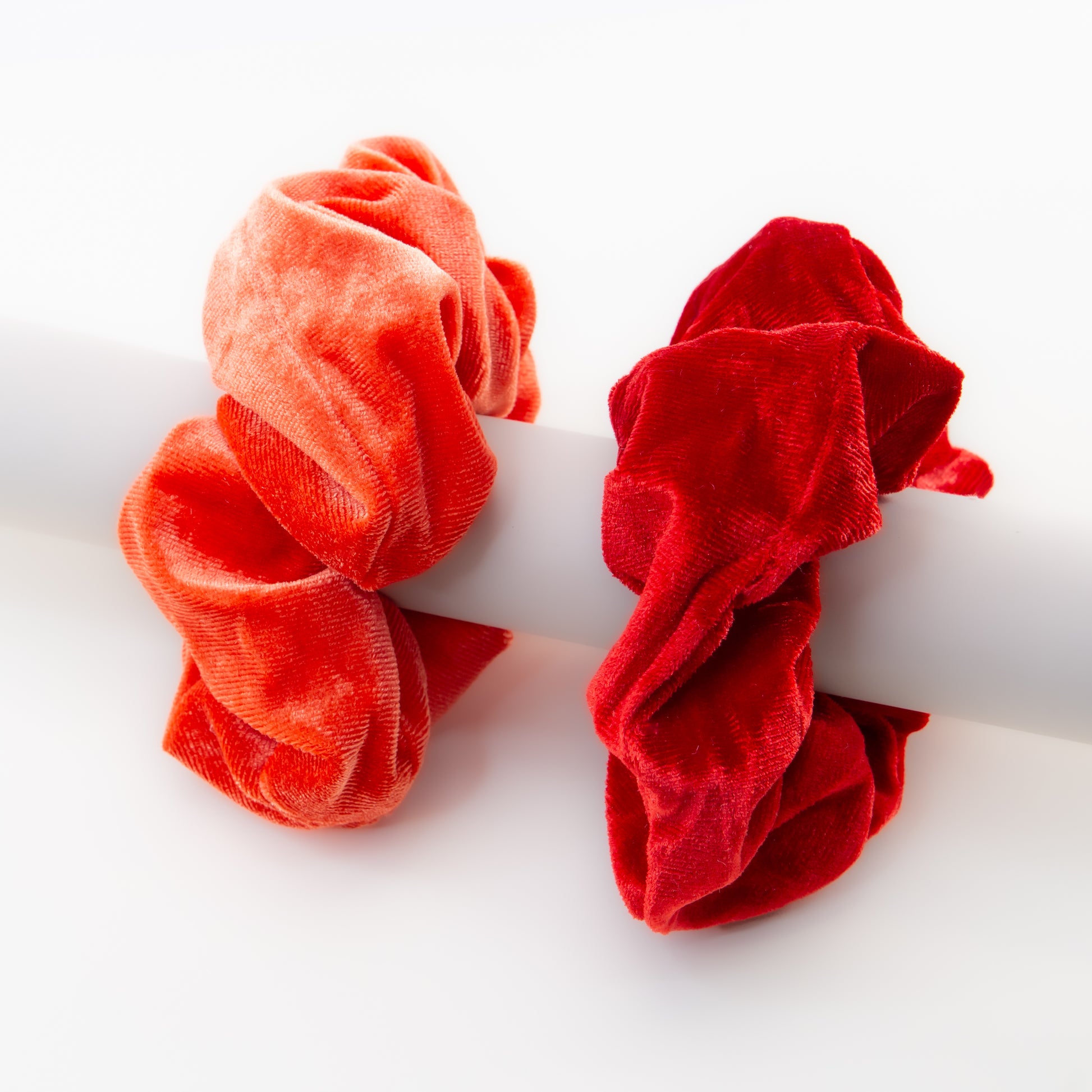 Elastice de păr tip scrunchie cu textură catifelată, grosime 5 cm, set 2 buc - Roșu, Portocaliu