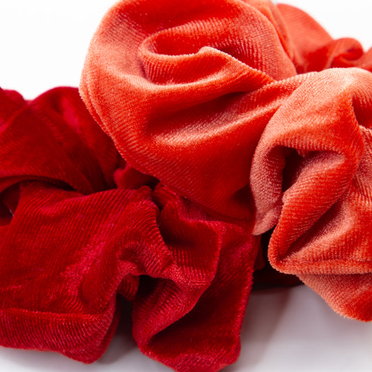Elastice de păr tip scrunchie cu textură catifelată, grosime 5 cm, set 2 buc - Roșu, Portocaliu