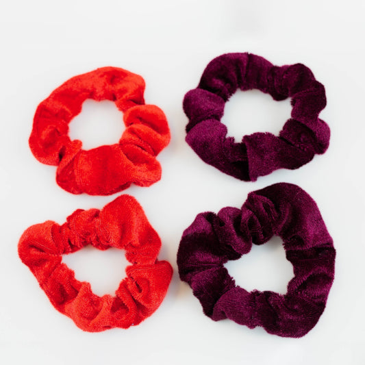 Elastice de păr tip scrunchie cu textură de catifea, grosime 2,5 cm, set 4 buc - Roșu Mix