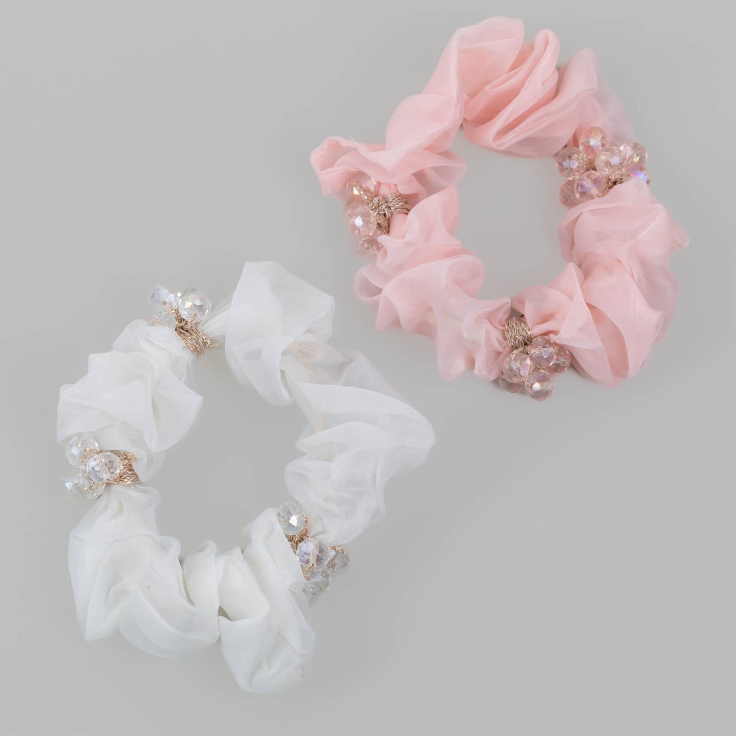 Elastice de păr tip scrunchie cu textură delicată și pietre, grosime 3 cm, set 2 buc - Angel Mix