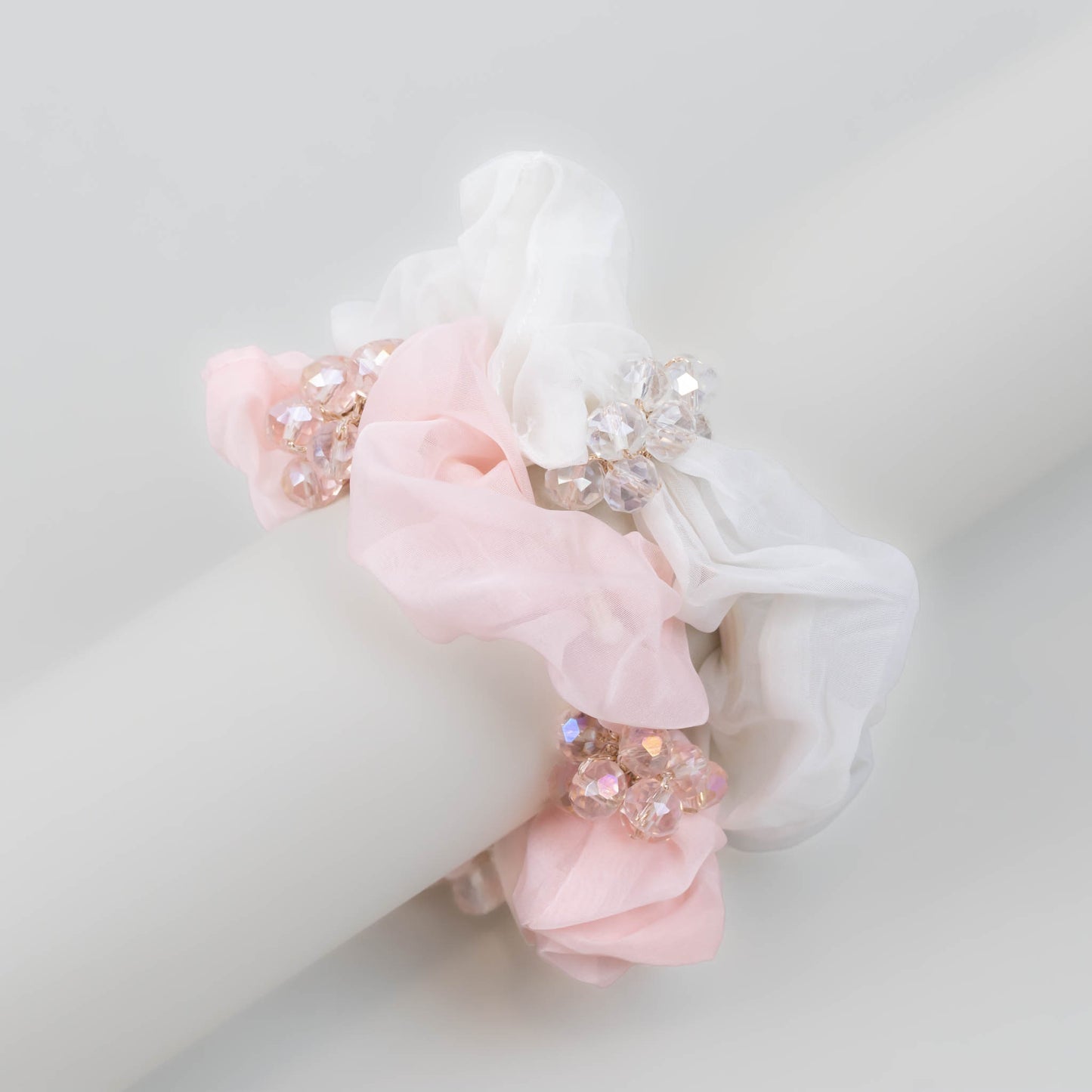 Elastice de păr tip scrunchie cu textură delicată și pietre, grosime 3 cm, set 2 buc - Angel Mix