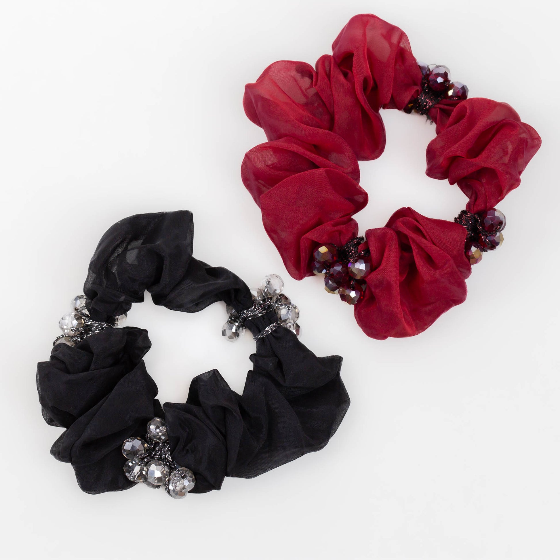 Elastice de păr tip scrunchie cu textură delicată și pietre, grosime 3 cm, set 2 buc - Crimson Mix