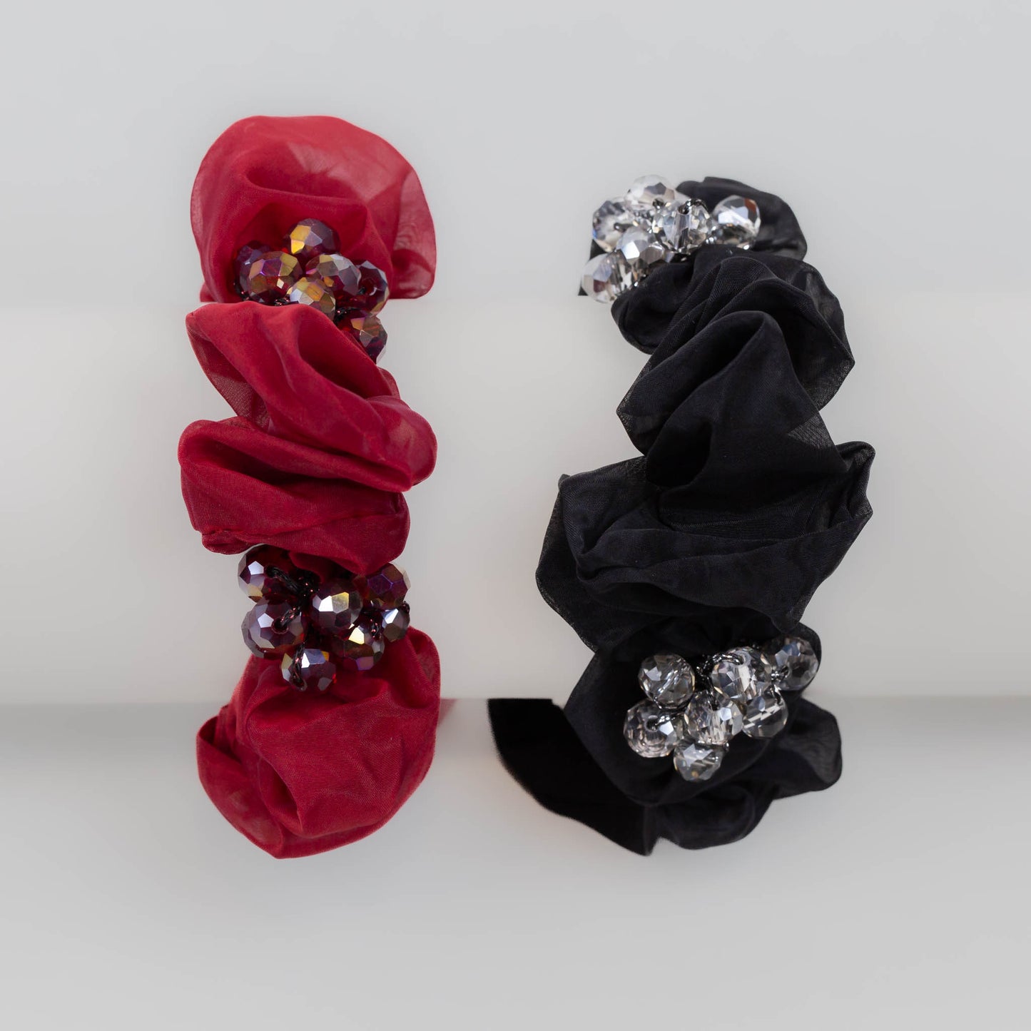 Elastice de păr tip scrunchie cu textură delicată și pietre, grosime 3 cm, set 2 buc - Crimson Mix