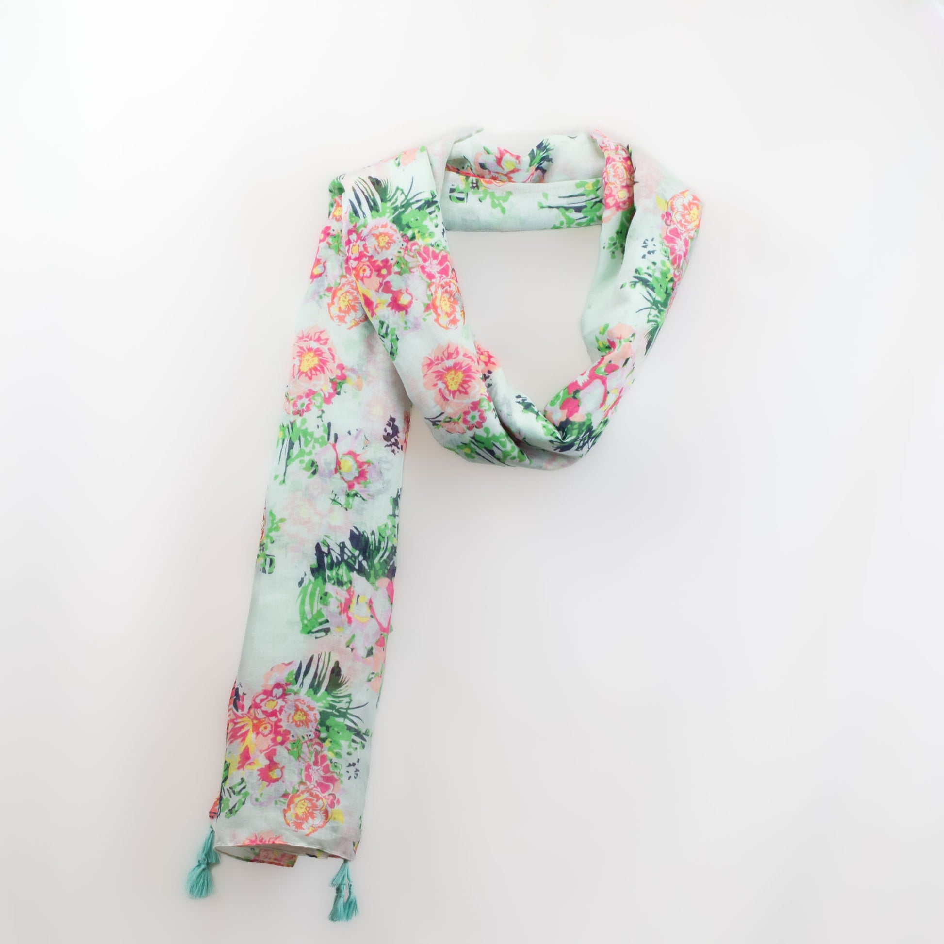 Eșarfă comodă cu imprimeu floral și forme geometrice, 190 x 110 cm - Fresh Lime Flamingo