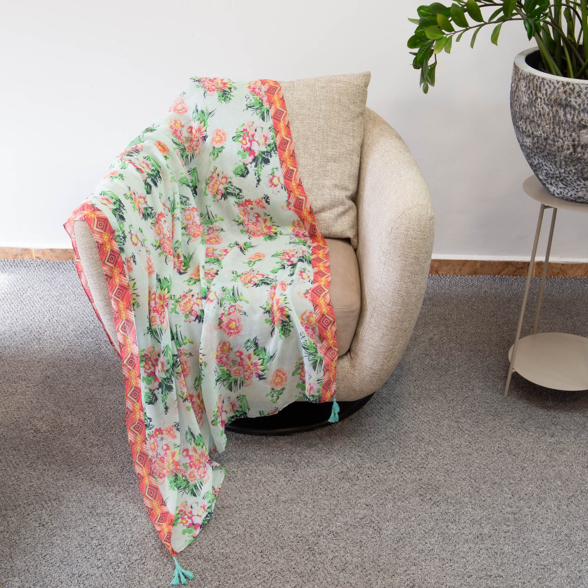 Eșarfă comodă cu imprimeu floral și forme geometrice, 190 x 110 cm - Fresh Lime Flamingo
