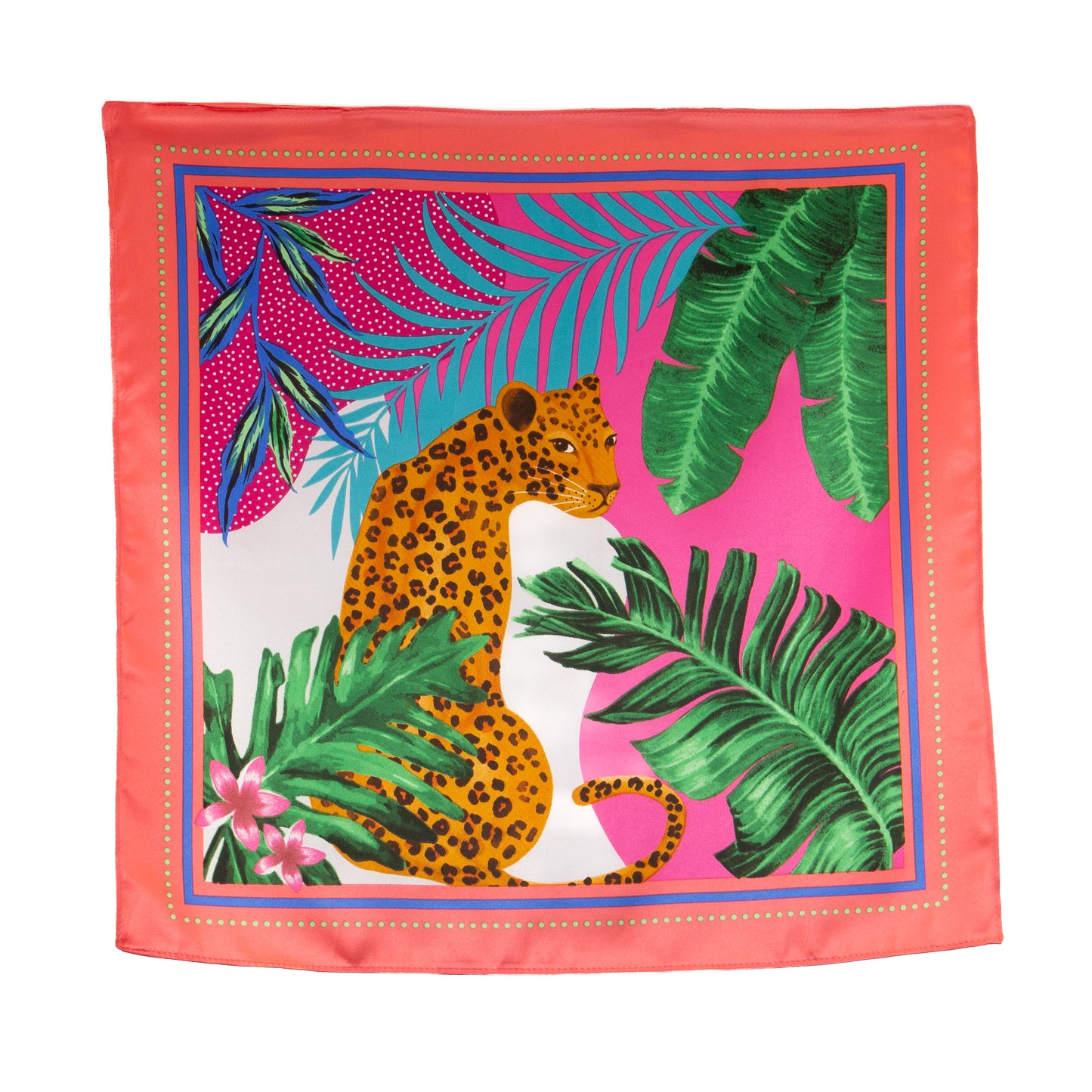 Eșarfă comodă din satin, imprimeu tropical cu jaguar, 46 x 46 cm - Roz, Verde