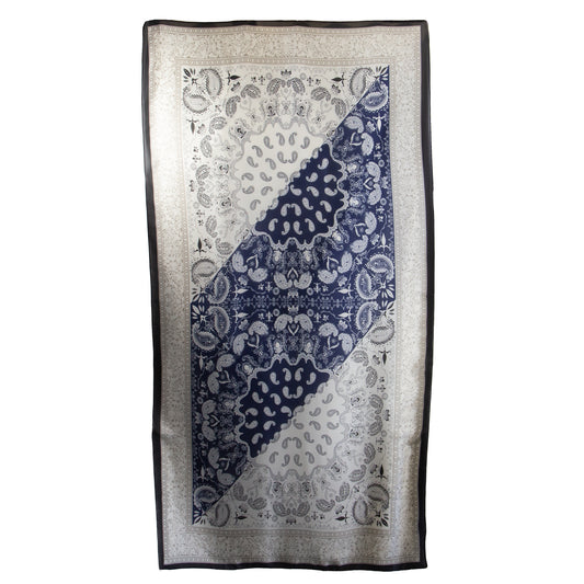 Eșarfă comodă și aerată cu efect de mătase, imprimeu paisley simetric, 180 x 92 cm - Albastru, Gri