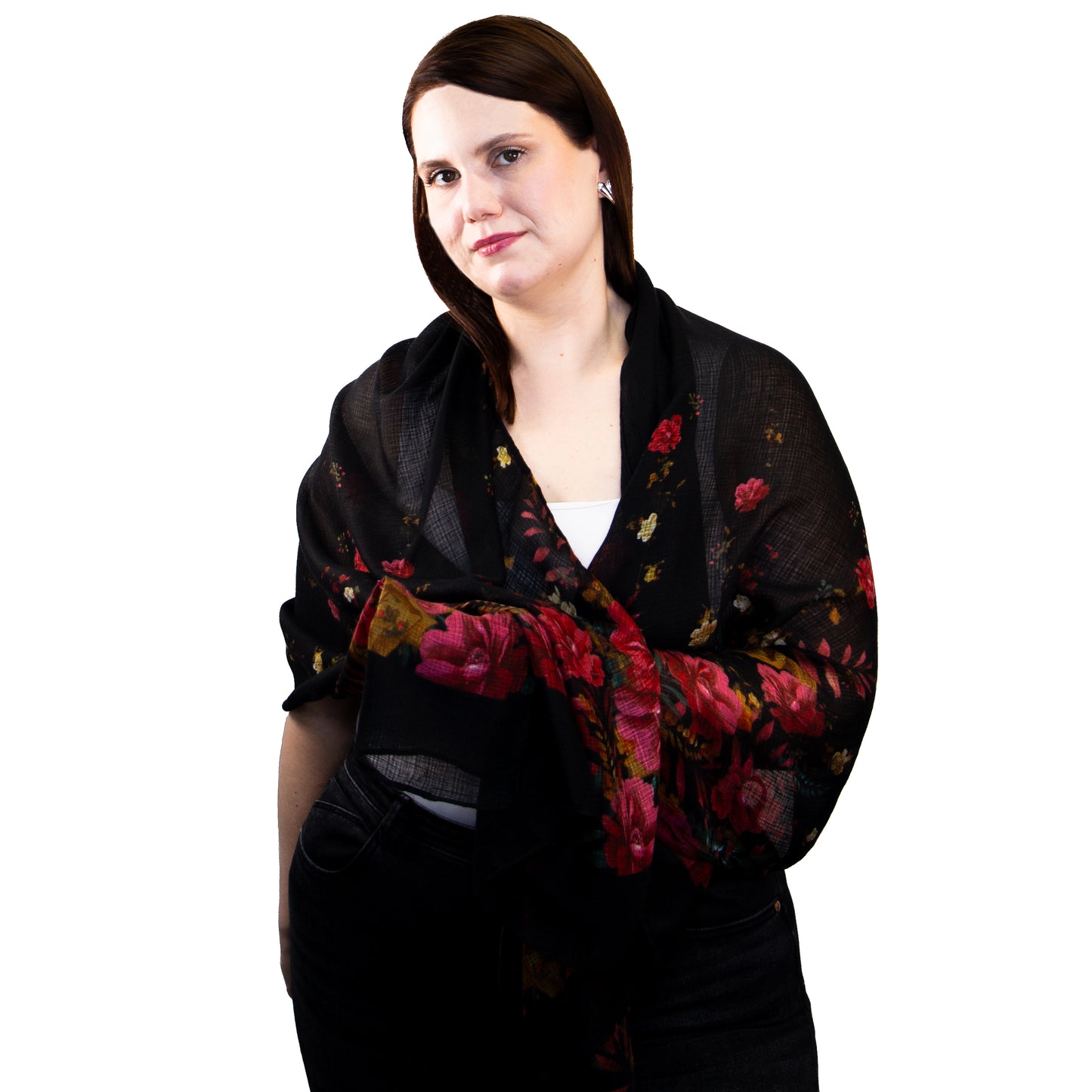 Eșarfă damă comodă și aerată cu trandafiri eleganți, 180 x 80 cm - Negru
