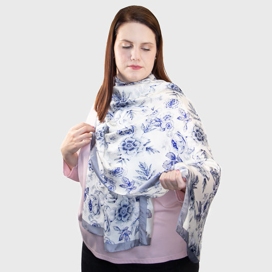 Eșarfă damă cu efect de mătase, armonie florală, 180 x 84 cm - Albastru, Gri