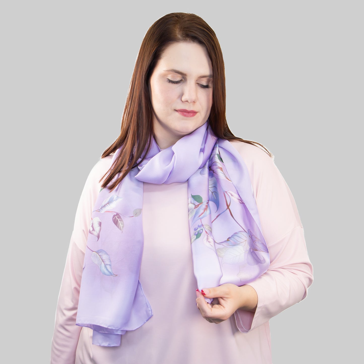 Eșarfă damă cu efect de mătase cu motive botanice, 180 x 60 cm - Mov