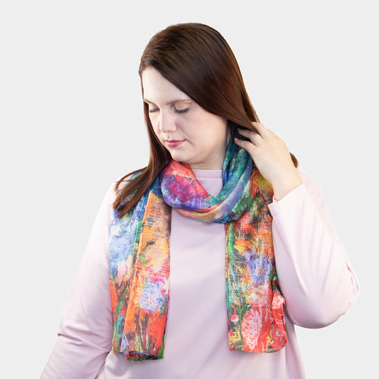 Eșarfă damă cu fire strălucitoare, imprimeu flori multicolor, 182 x 70 cm