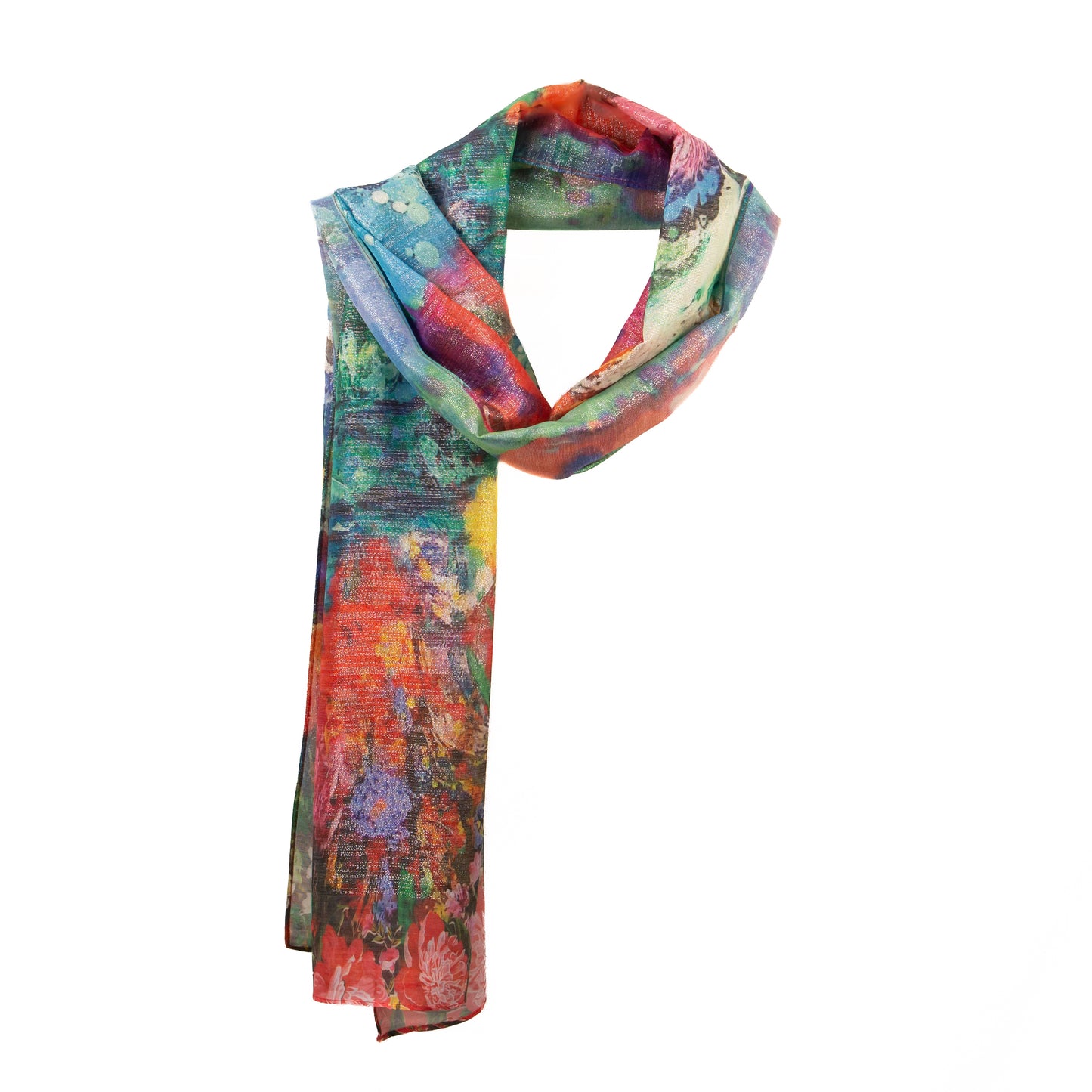 Eșarfă damă cu fire strălucitoare, imprimeu flori multicolor, 182 x 70 cm