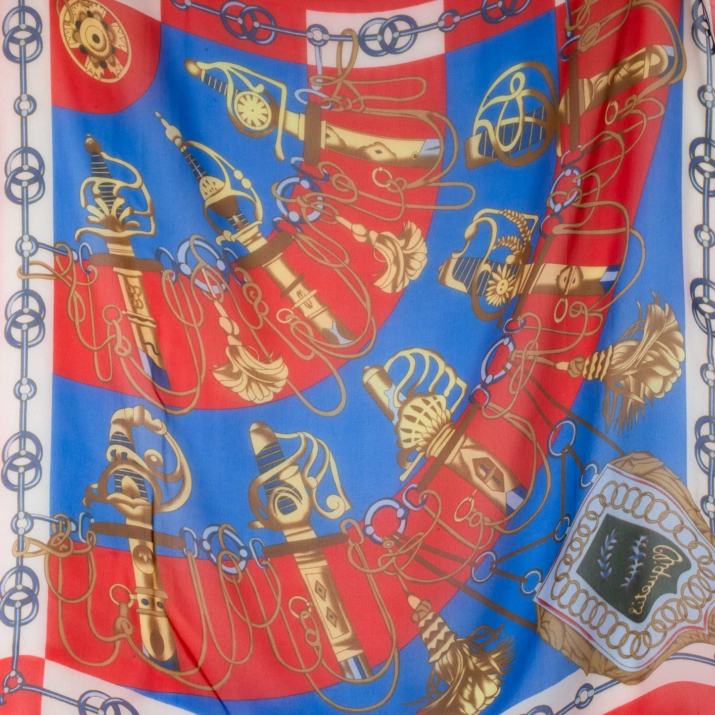 Eșarfă damă din mătase cu imprimeu medieval, 65 x 65 cm - Roșu, Albastru