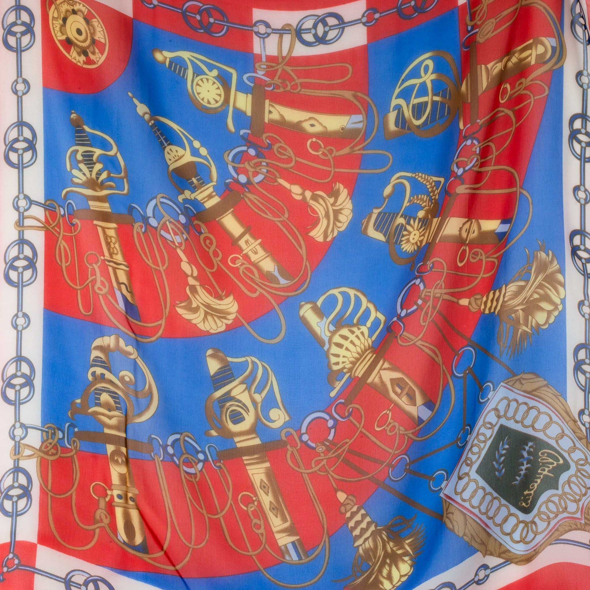 Eșarfă damă din mătase cu imprimeu medieval, 65 x 65 cm - Roșu, Albastru