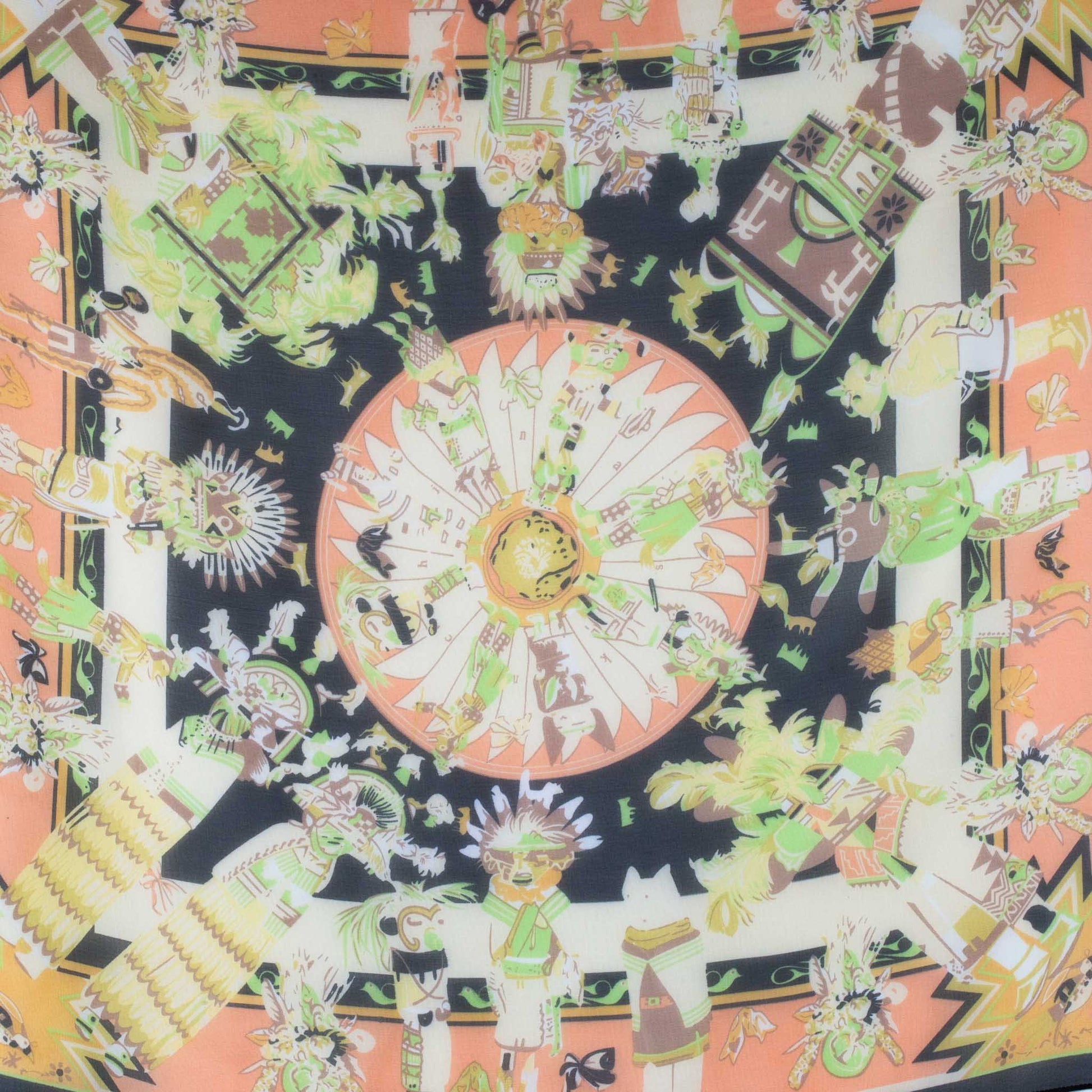 Eșarfă damă din mătase cu imprimeu tribal, 65 x 65 cm - Peach, Negru, Verde