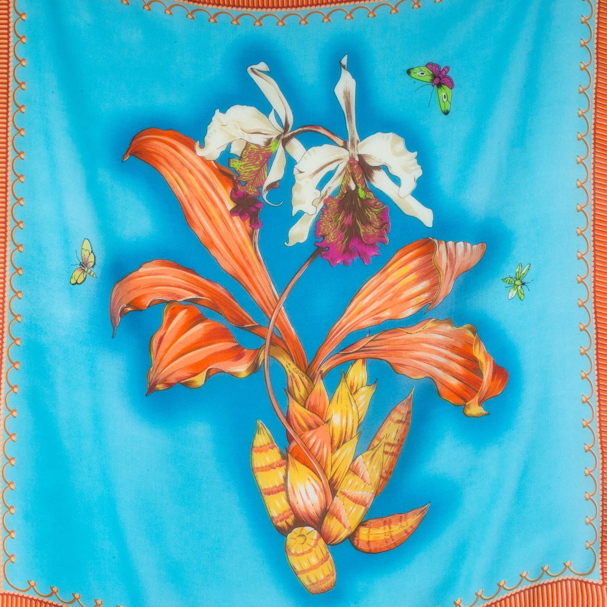 Eșarfă damă din mătase , imprimeu cu floare mare și fluturi, 65 x 65 cm - Albastru