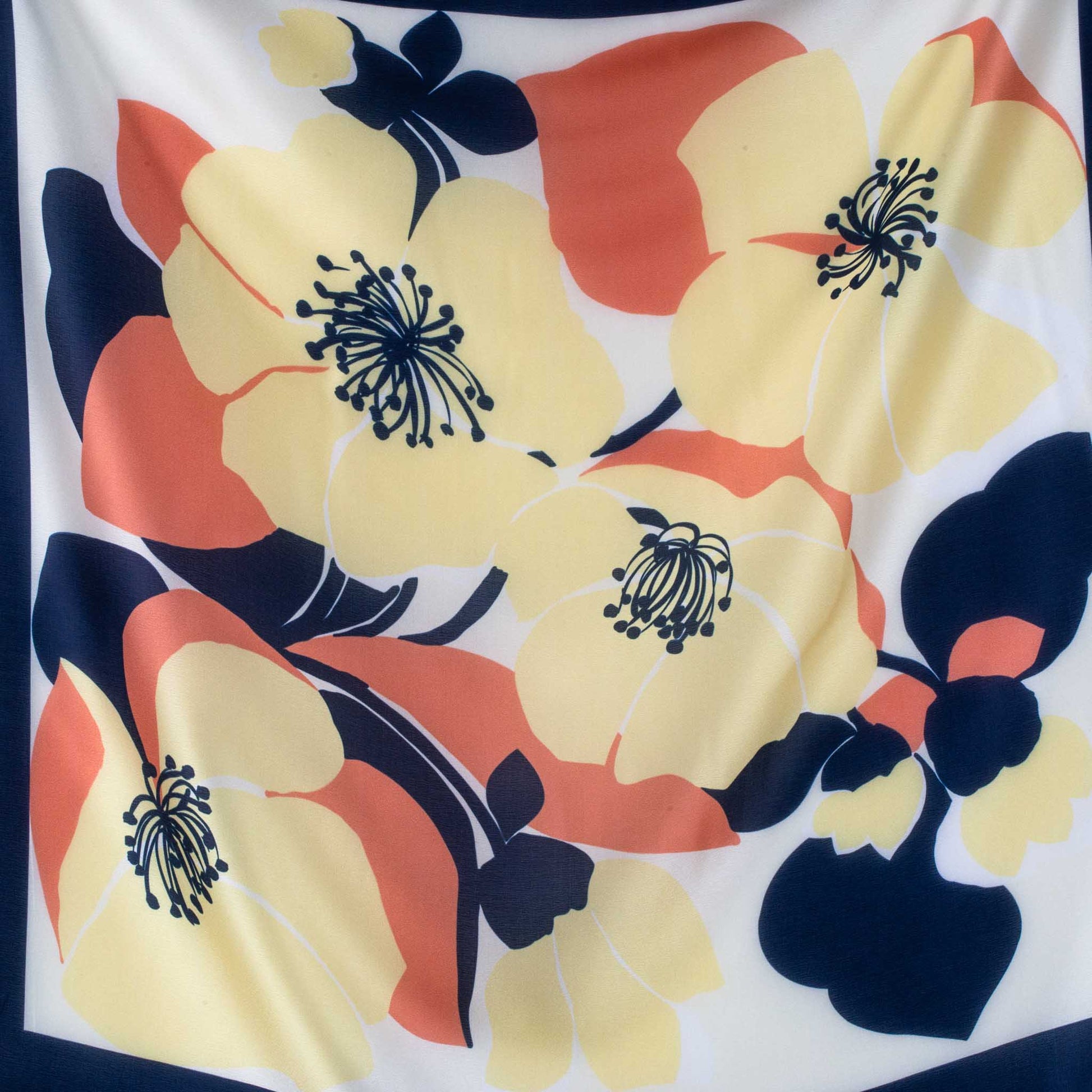 Eșarfă damă din mătase , imprimeu cu flori mari, 60 x 60 cm - Albastru, Galben, Portocaliu