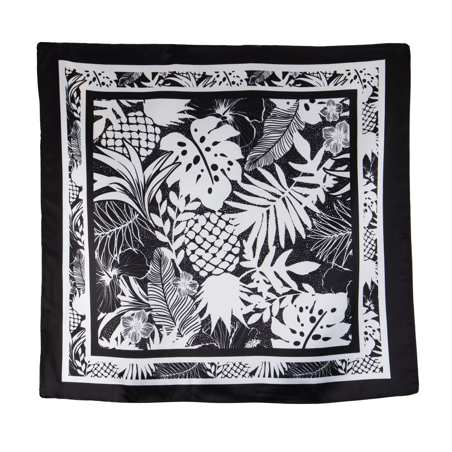 Eșarfă damă din satin cu imprimeu tropical, 45 x 47 cm - Negru, Alb