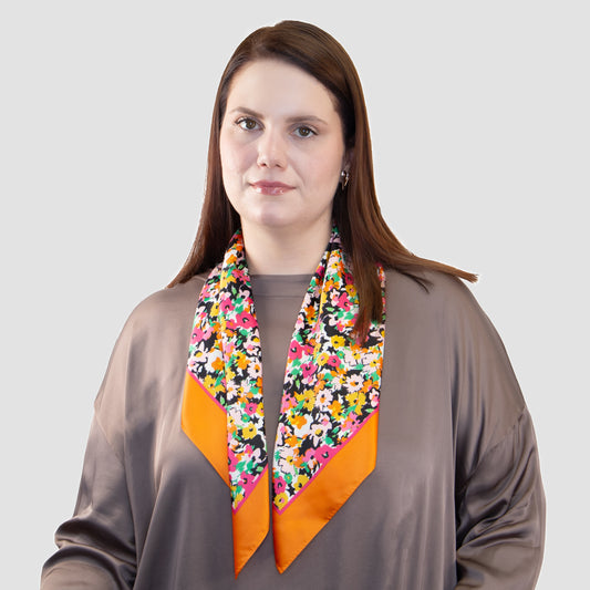 Eșarfă damă din satin, imprimeu cu flori multicolor, 71 x 71 cm