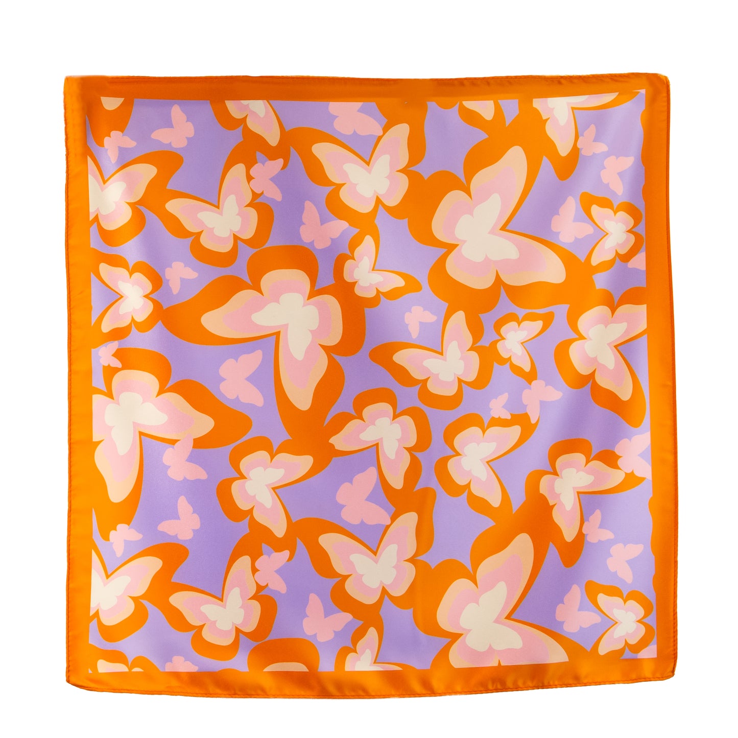 Eșarfă damă din satin, imprimeu cu fluturi, 50 x 50 cm - Portocaliu, Mov