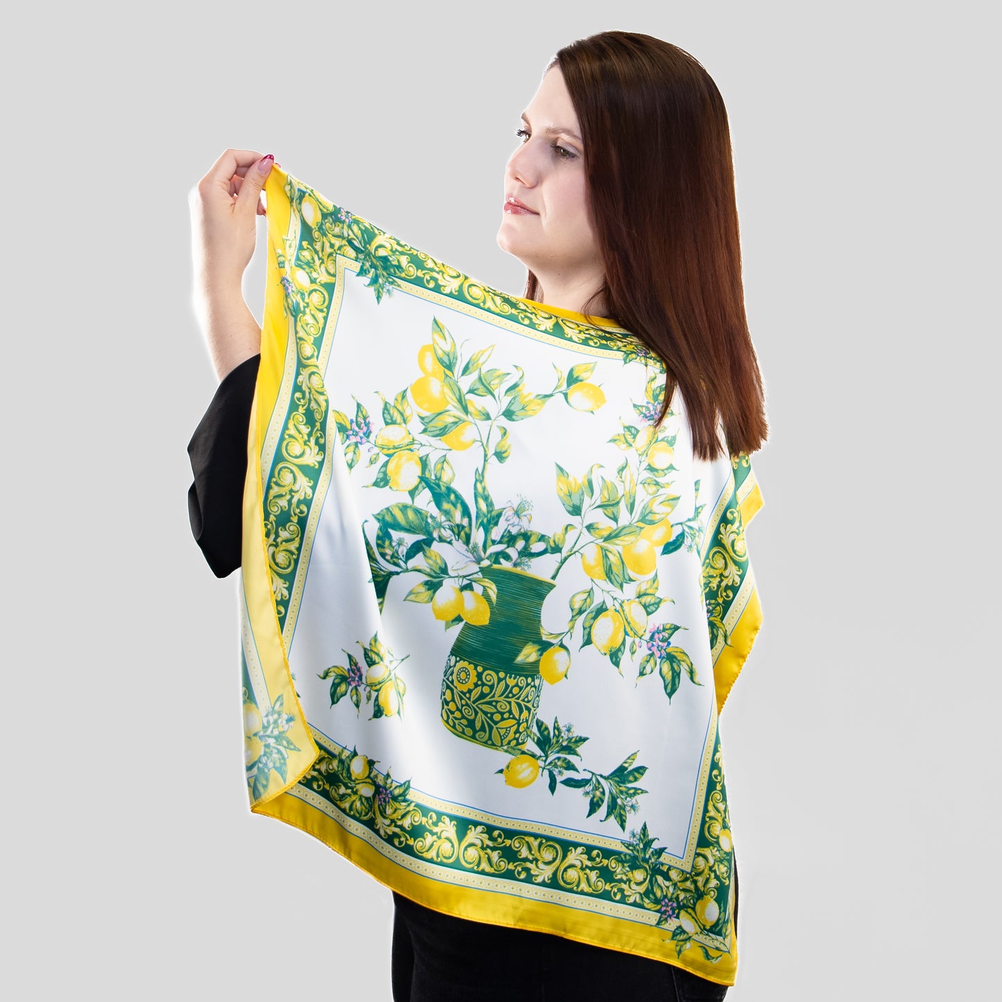 Eșarfă damă din satin, imprimeu cu lămâi, 61 x 61 cm - Galben, Verde