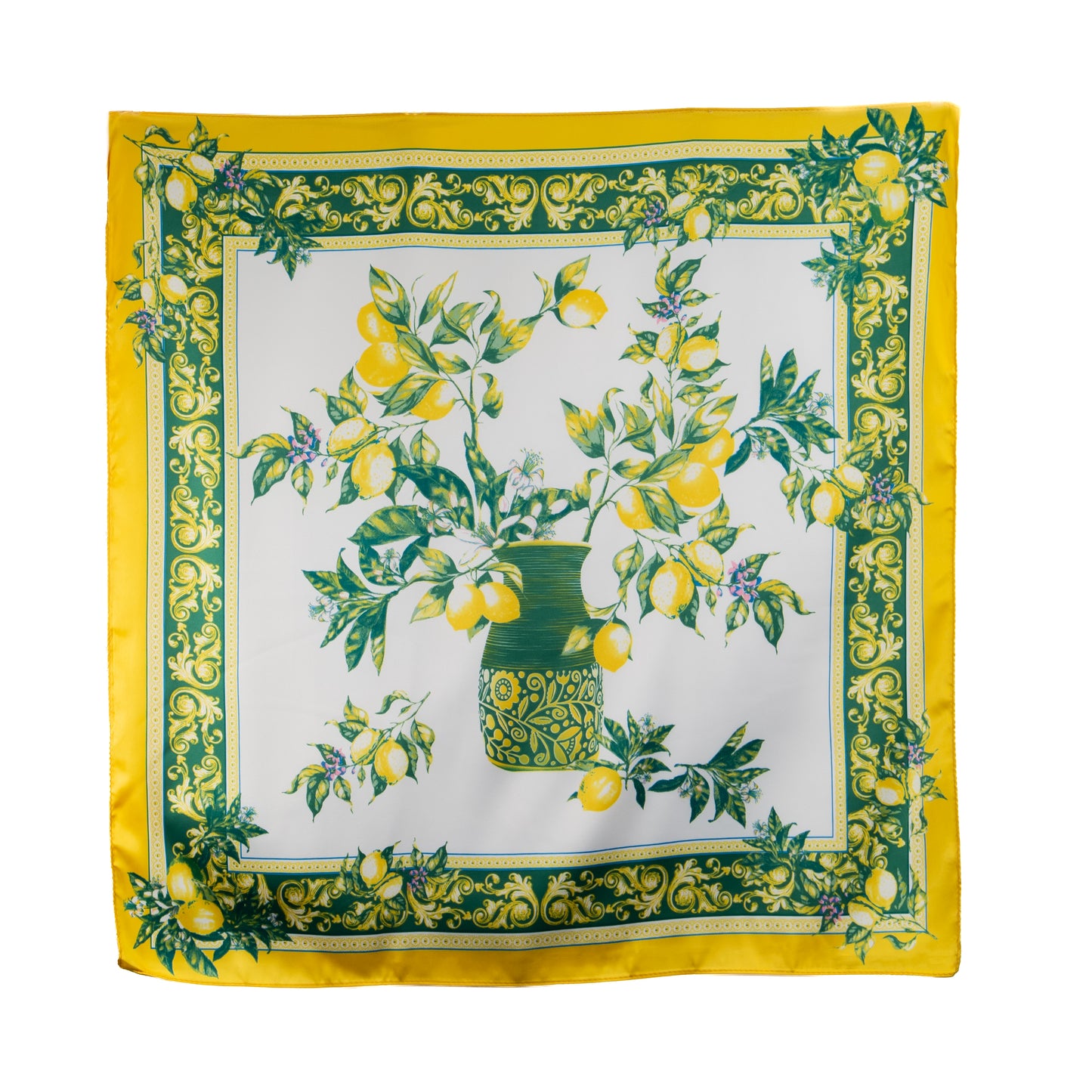 Eșarfă damă din satin, imprimeu cu lămâi, 61 x 61 cm - Galben, Verde