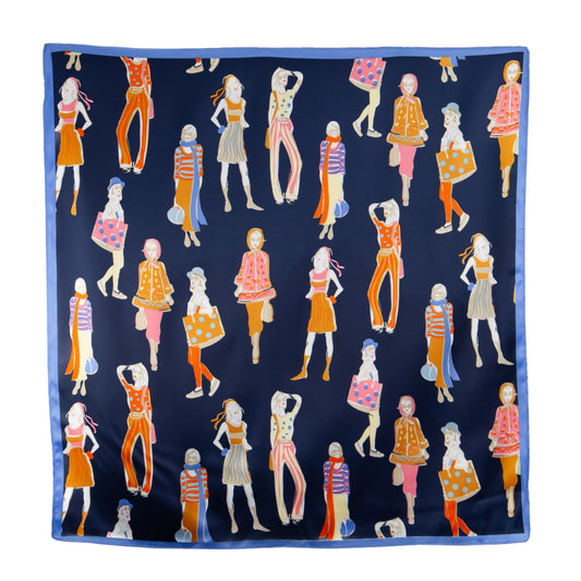 Eșarfă damă din satin, imprimeu fashion, 61 x 61 cm - Albastru