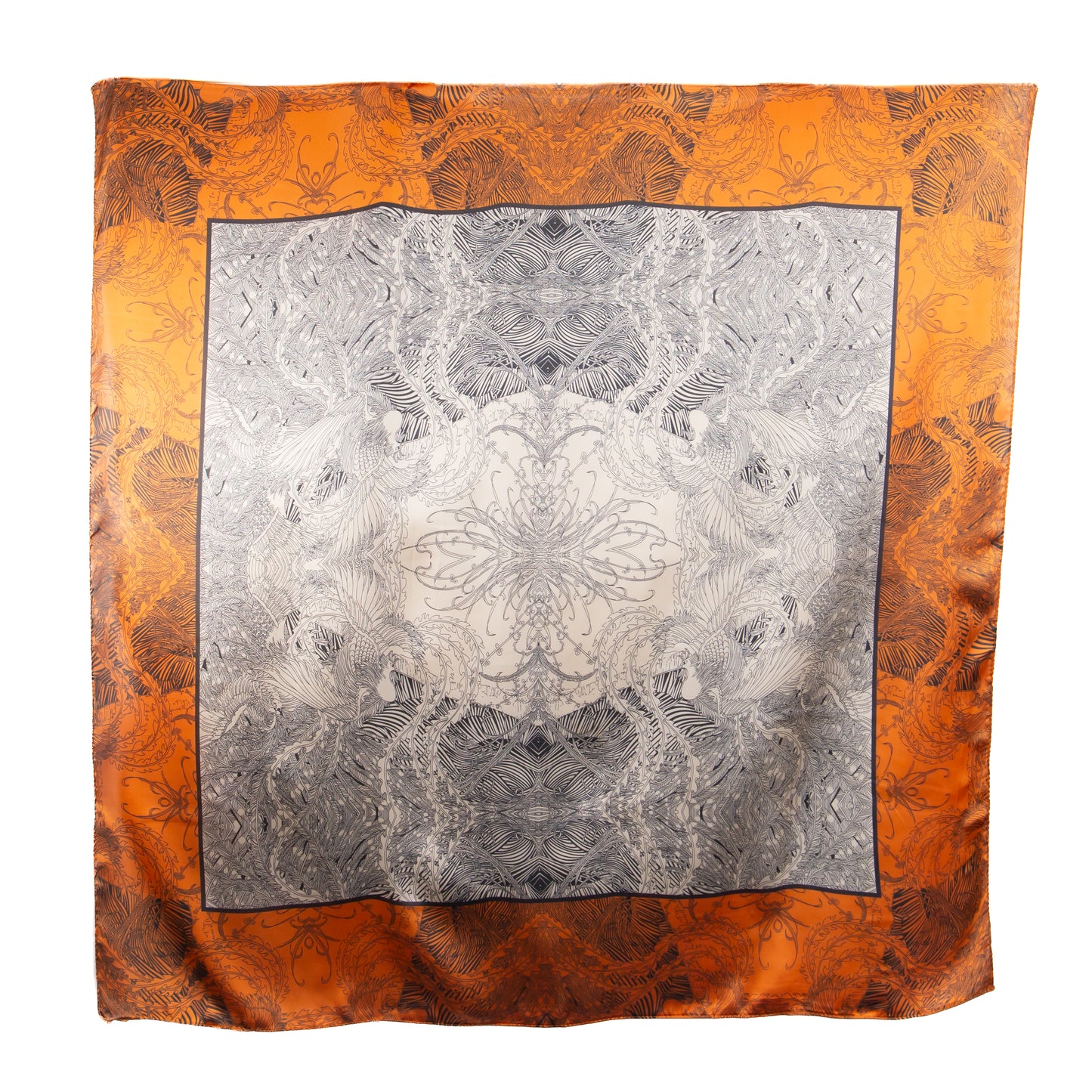 Eșarfă damă din satin, imprimeu ornamental, 90 x 90 cm - Portocaliu, Maro