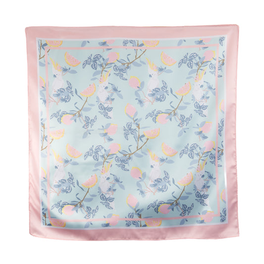Eșarfă damă din satin, imprimeu tropical exotic, 58 x 58 cm - Roz, Albastru