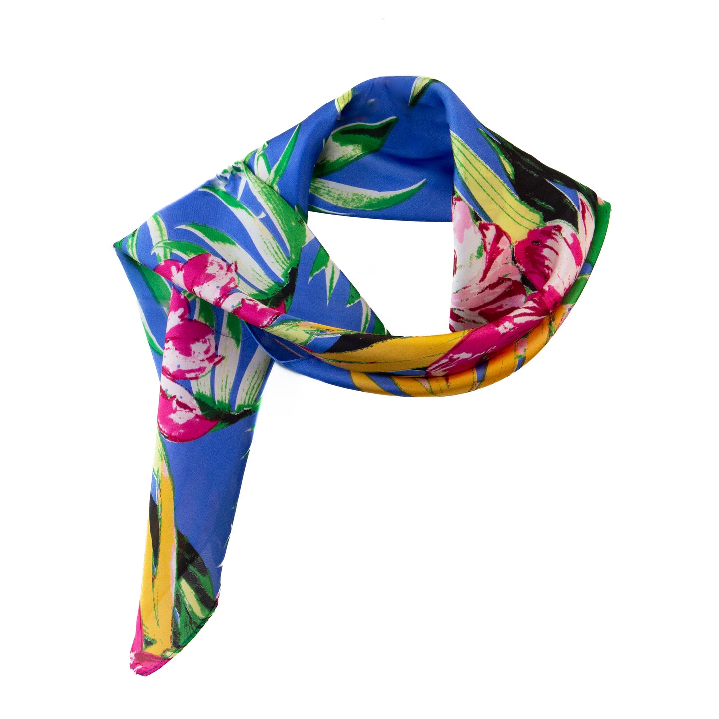 Eșarfă damă din satin, imprimeu tropical floral, 61 x 61 cm - Albastru, Roz