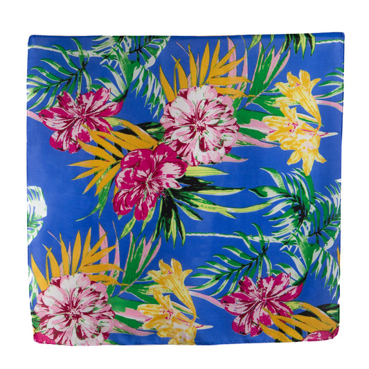 Eșarfă damă din satin, imprimeu tropical floral, 61 x 61 cm - Albastru, Roz